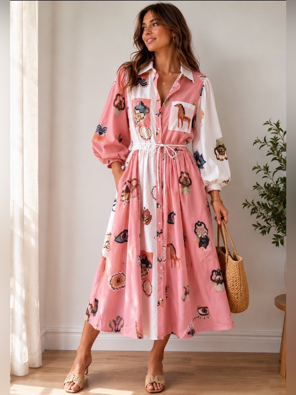 Jj’s fairyland pink and white dress
White Button-Front Printed Midi Dress
Size M